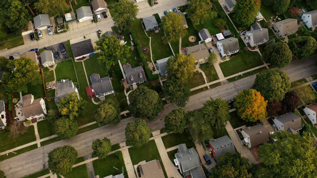 Aerial drone view of Ohio suburban neighborhood